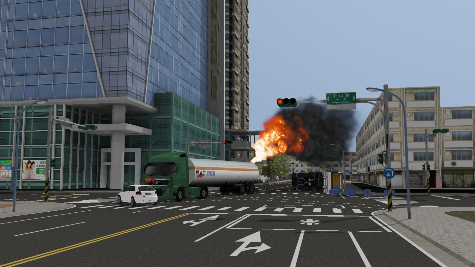 Accident on a crossing with a tanker truck on fire, a car with casualties, and spilled chemicals built by instructors.