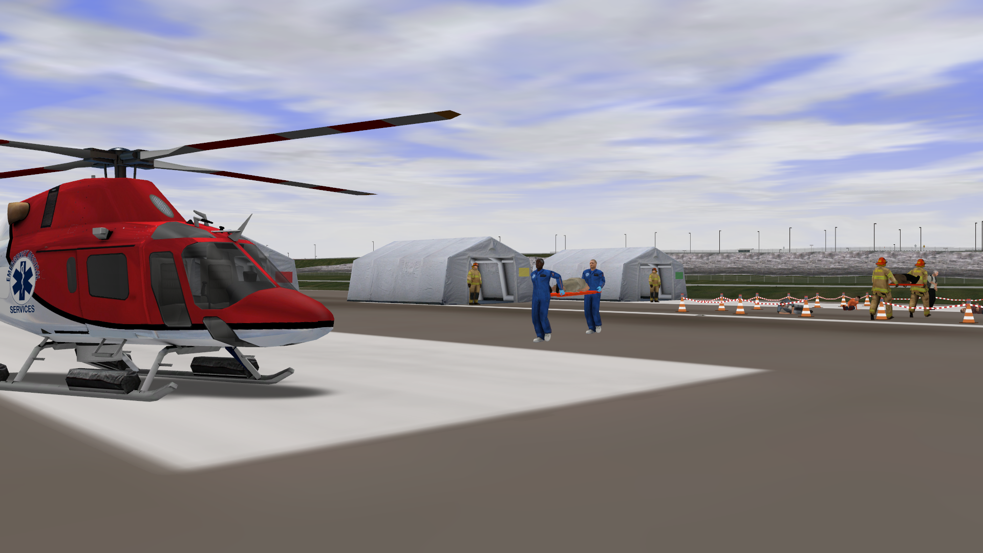 Medivac helicopter ready to transport a critical casualty to the hospital from a simulated mass casualty incident.