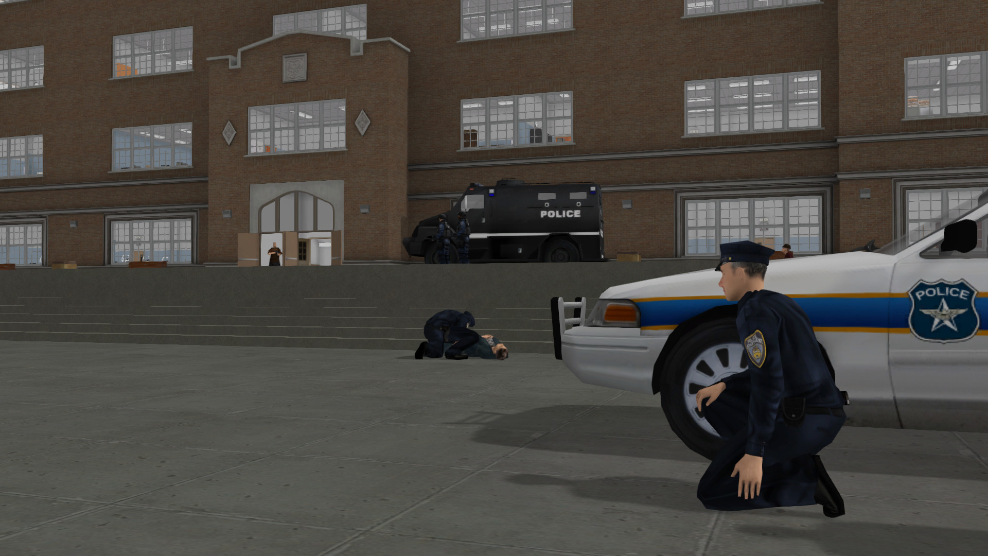 Police officers taking cover from an active shooter at a school, trained in a safe and repeatable simulated environment.